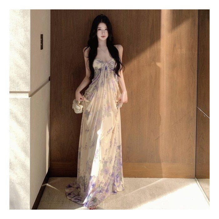 Women's apricot floral wrap-style maxi dress
