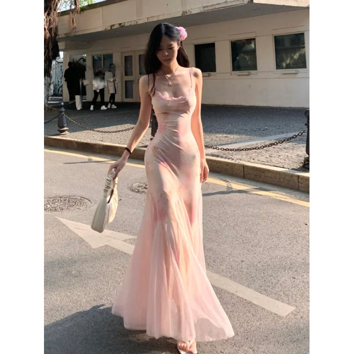 Women's pink floral mesh mermaid maxi dress