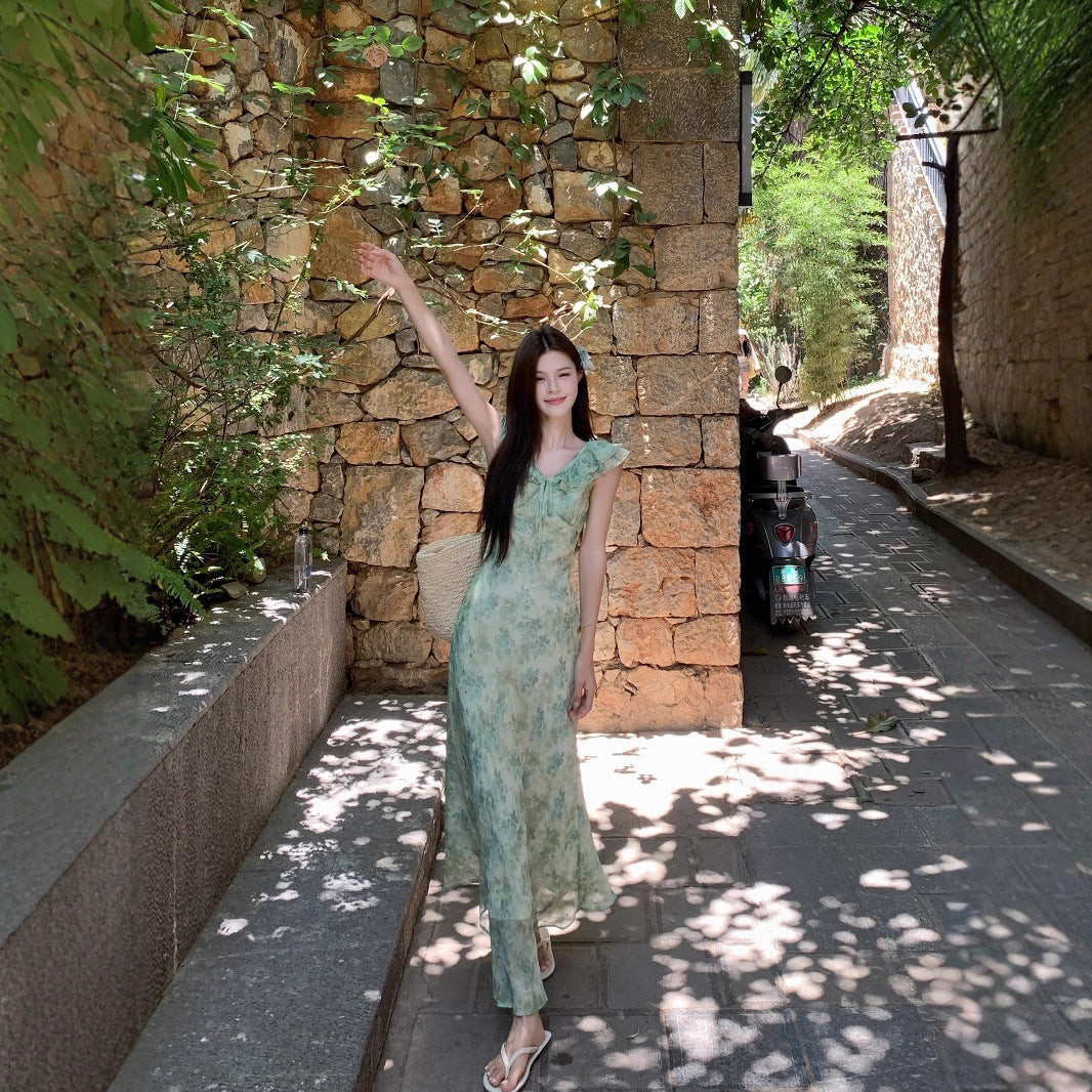 Women's green floral sleeveless maxi dress in Picture color (double layer)