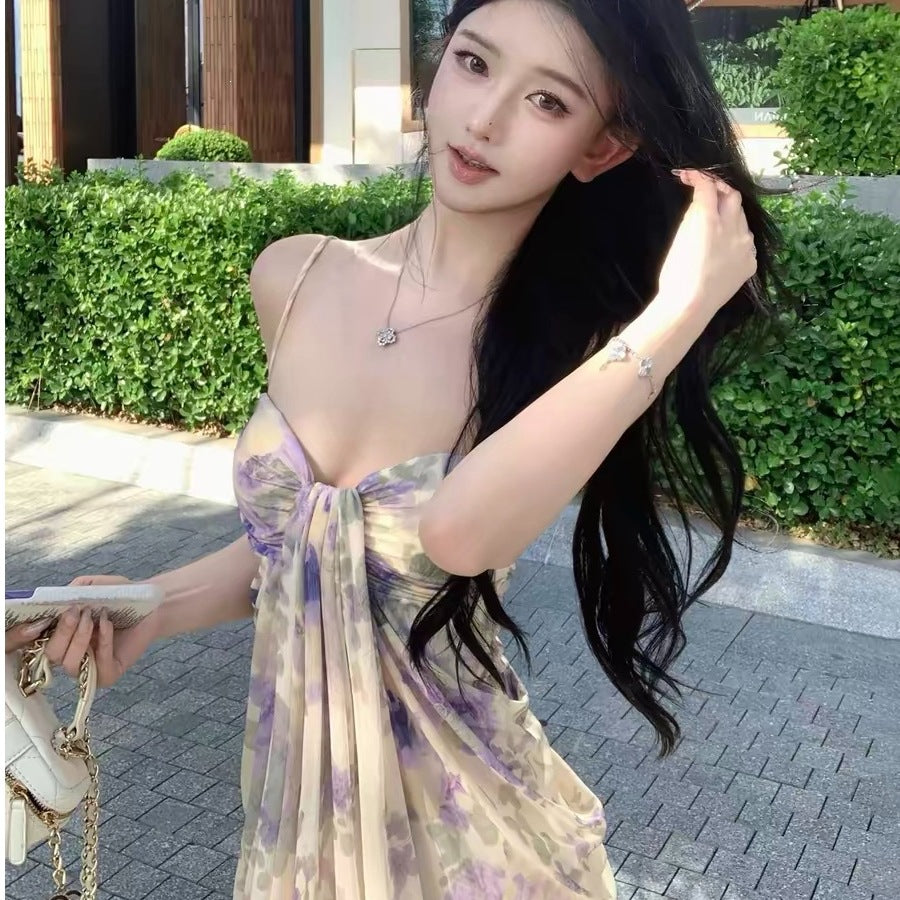 Women's apricot floral wrap-style maxi dress