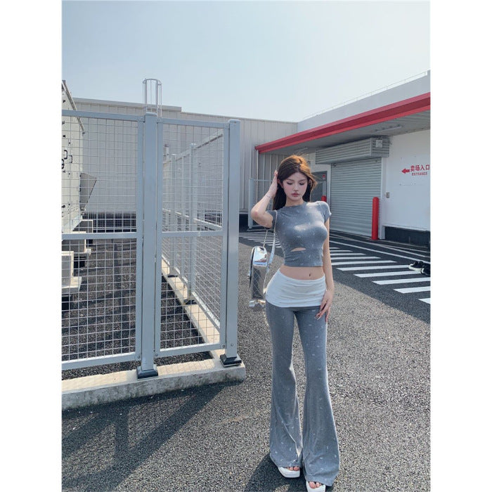 Women’s Bow-Detail Colorblock Top and Flared Pants Two-Piece Set - Gray