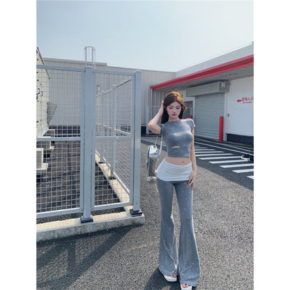 Women’s Bow-Detail Colorblock Top and Flared Pants Two-Piece Set - Gray