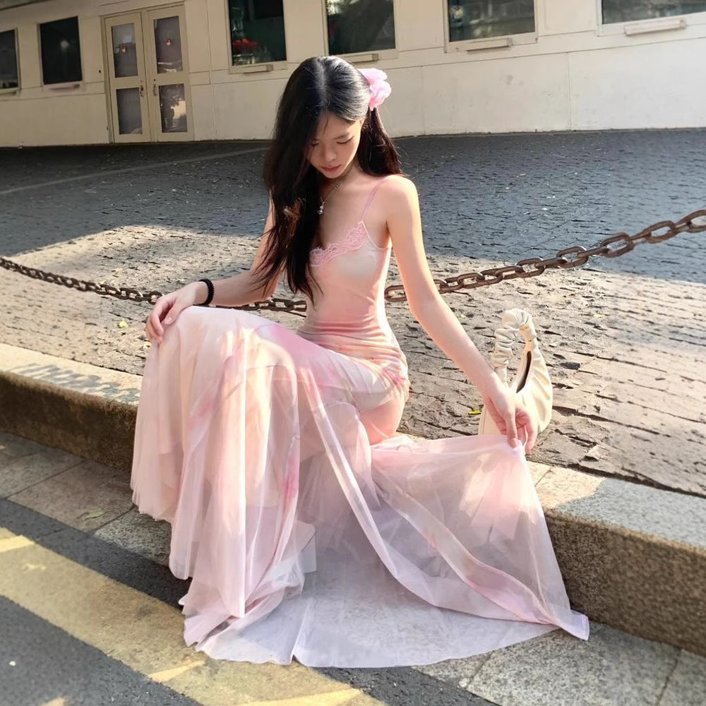 Women's pink floral mesh mermaid maxi dress