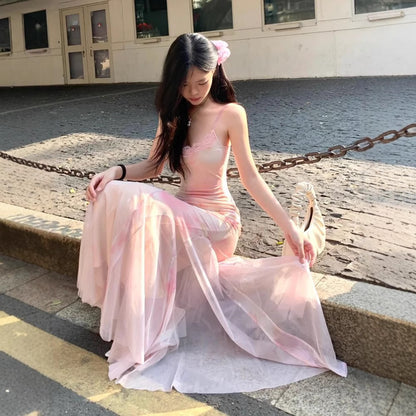 Women's pink floral mesh mermaid maxi dress