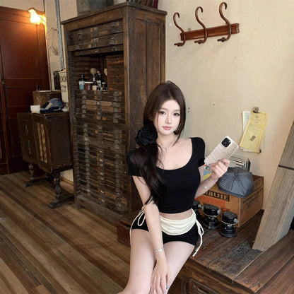 Women’s Contrast-Trim U-Neck Top and High-Waist Shorts Set - Black