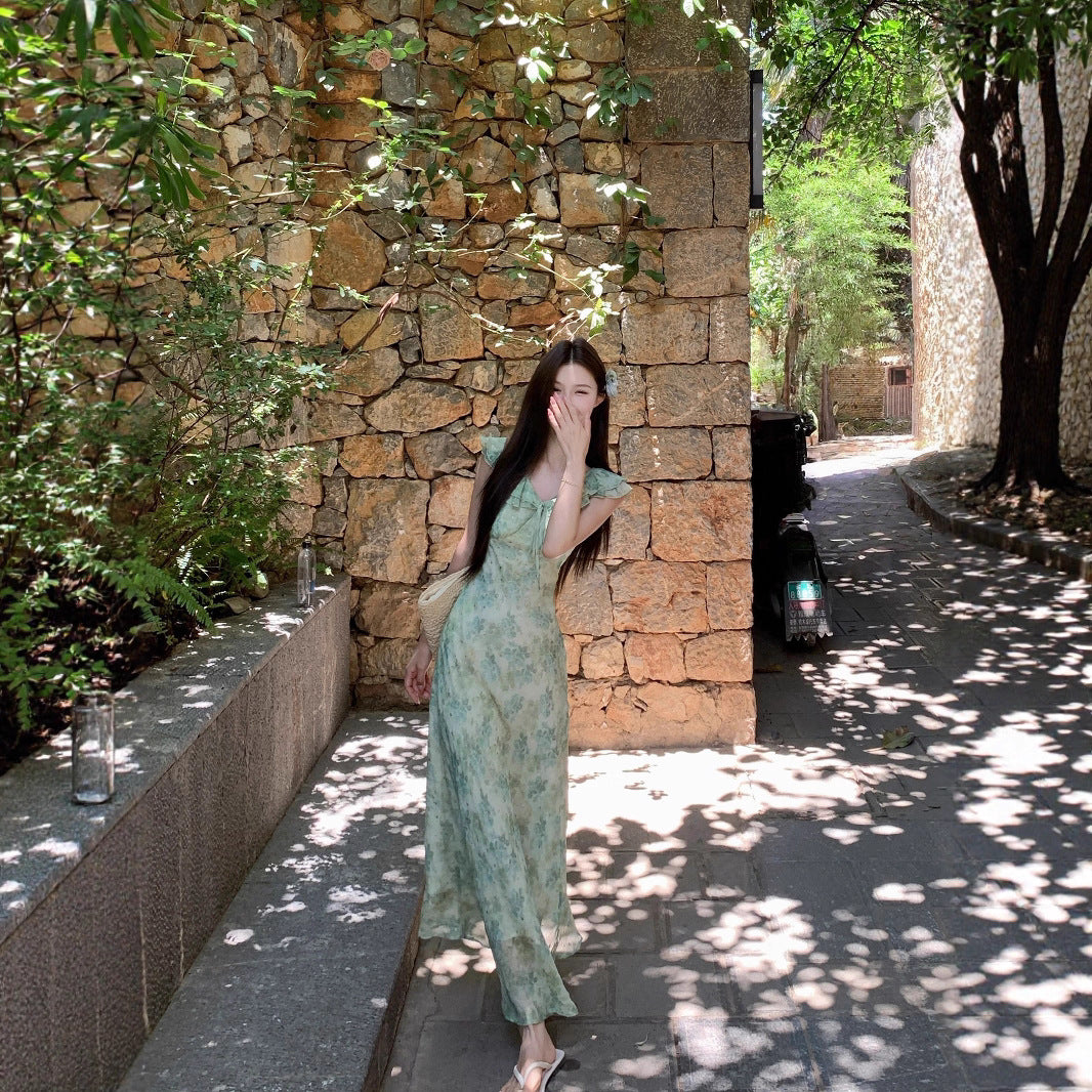 Women's green floral sleeveless maxi dress in Picture color (double layer)