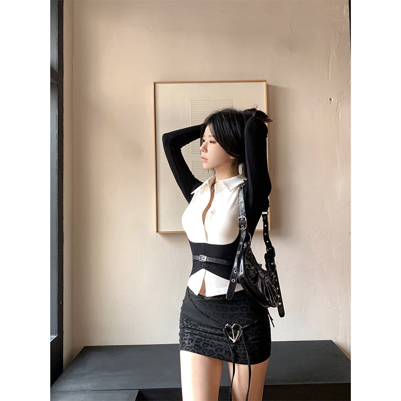 Women’s Contrast Layered Long-Sleeve Shirt with Belt