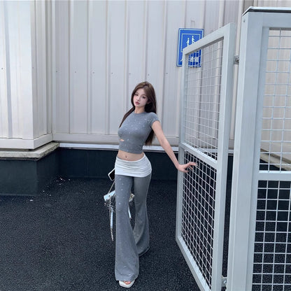 Women’s Bow-Detail Colorblock Top and Flared Pants Two-Piece Set - Gray