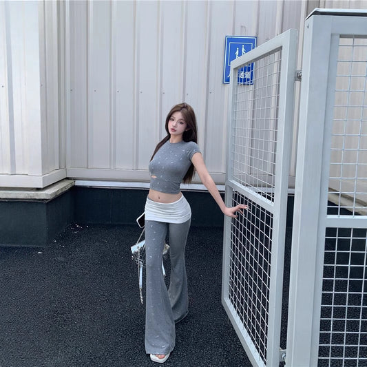 Women’s Bow-Detail Colorblock Top and Flared Pants Two-Piece Set - Gray
