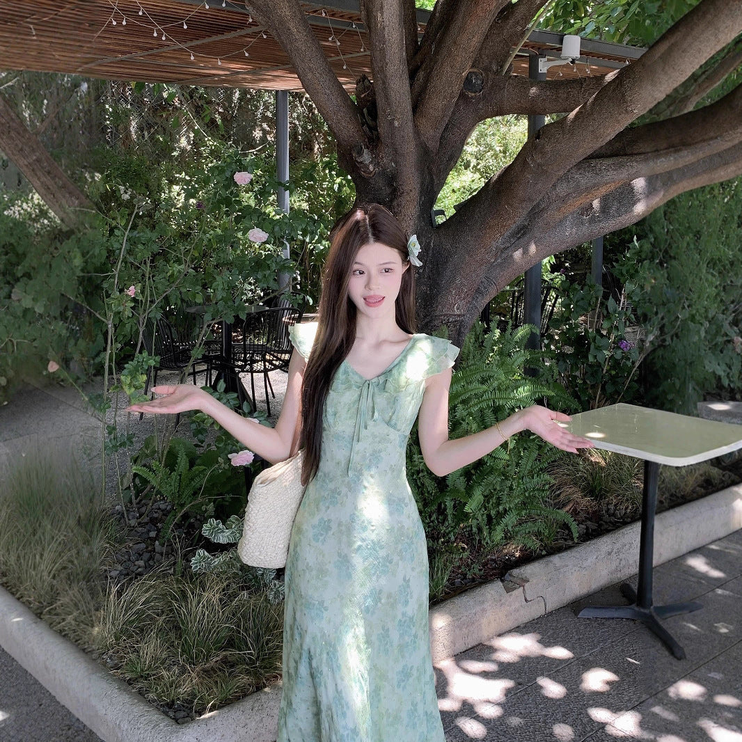 Women's green floral sleeveless maxi dress in Picture color (double layer)