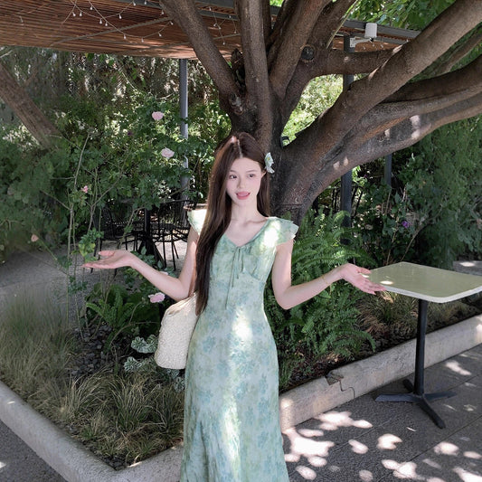Women's green floral sleeveless maxi dress in Picture color (double layer)