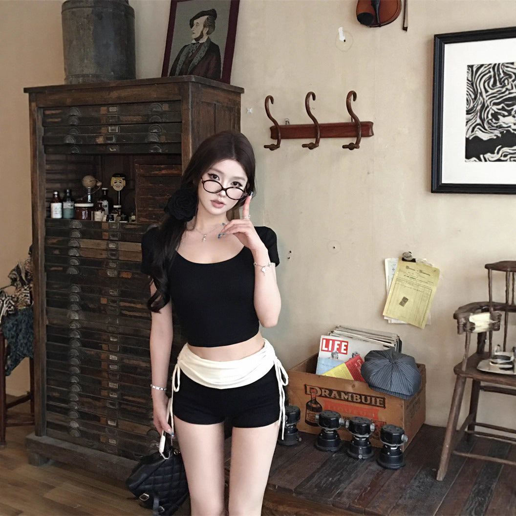 Women’s Contrast-Trim U-Neck Top and High-Waist Shorts Set - Black