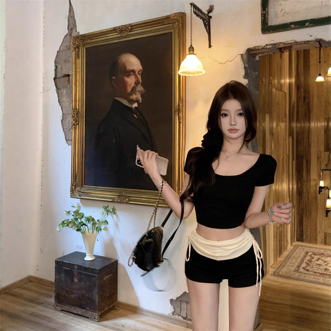 Women’s Contrast-Trim U-Neck Top and High-Waist Shorts Set
