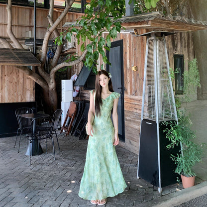 Women's green floral sleeveless maxi dress