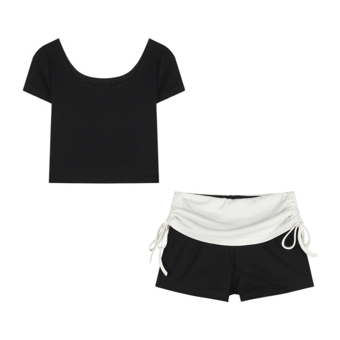 Women’s Contrast-Trim U-Neck Top and High-Waist Shorts Set