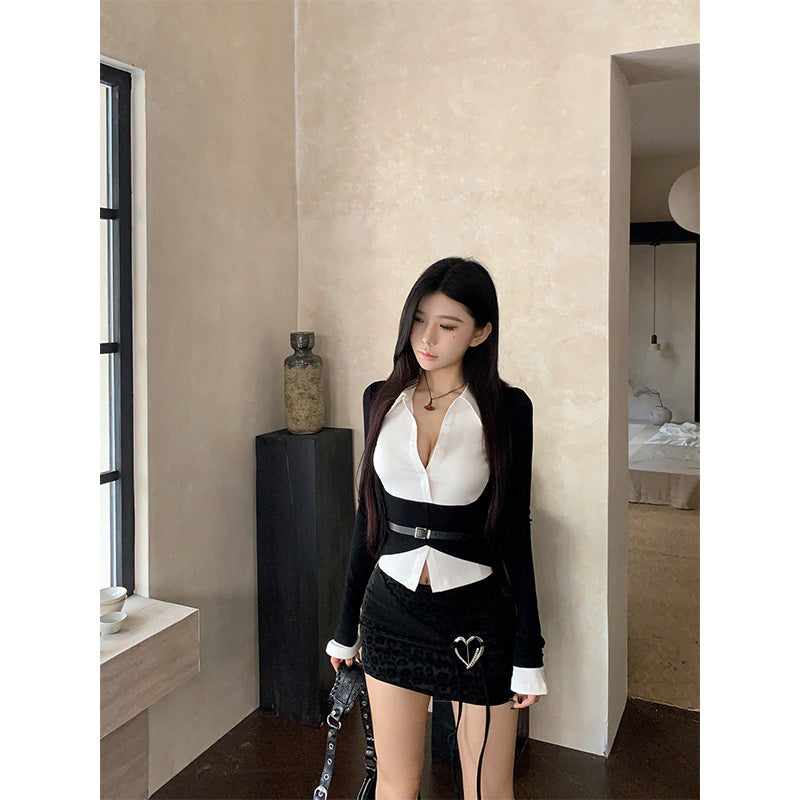 Women’s Contrast Layered Long-Sleeve Shirt with Belt