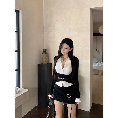 Women’s Contrast Layered Long-Sleeve Shirt with Belt