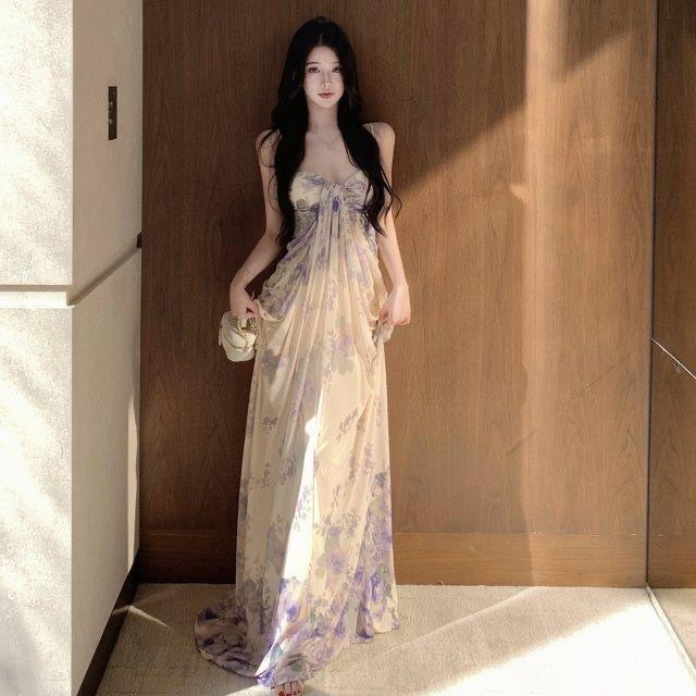 Women's apricot floral wrap-style maxi dress in Apricot