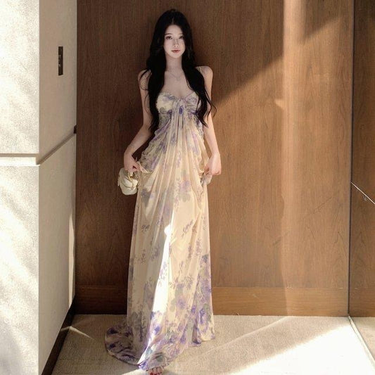 Women's apricot floral wrap-style maxi dress in Apricot