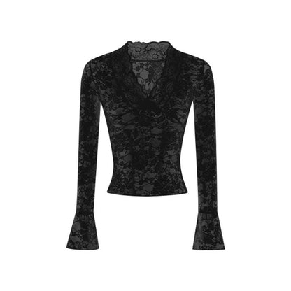 Women’s V-Neck Lace Bell-Sleeve Cropped Top - White