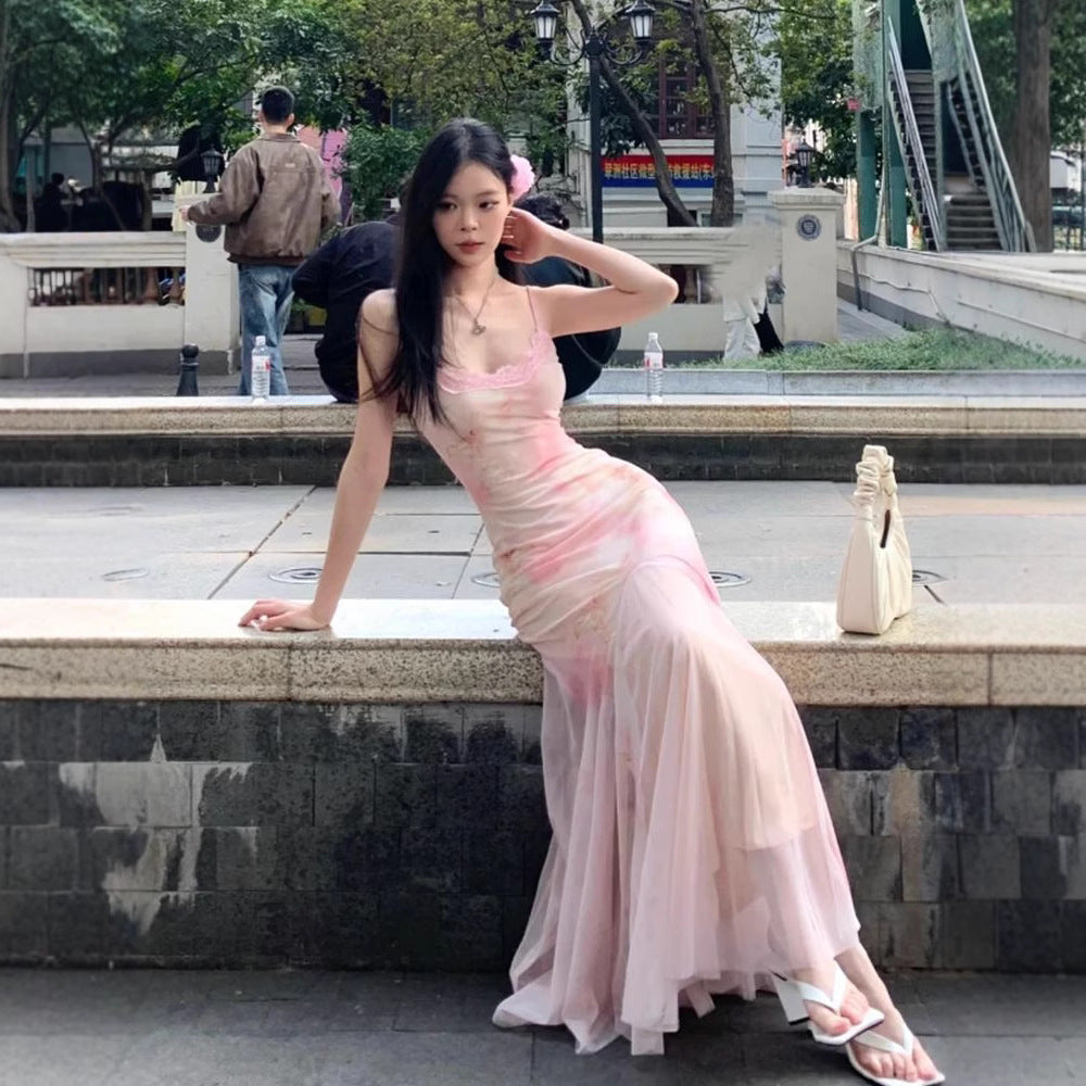 Women's pink floral mesh mermaid maxi dress in Pink