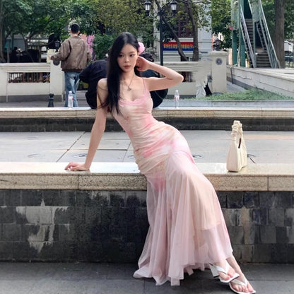 Women's pink floral mesh mermaid maxi dress in Pink