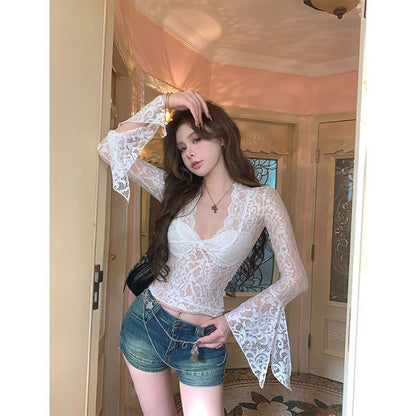 Women’s V-Neck Lace Bell-Sleeve Cropped Top - White
