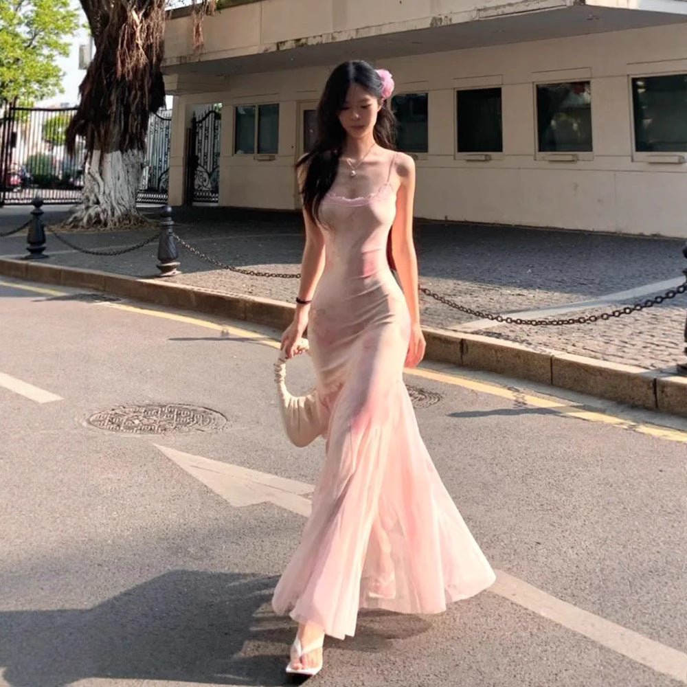 Women's pink floral mesh mermaid maxi dress in Pink