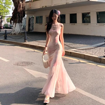 Women's pink floral mesh mermaid maxi dress in Pink