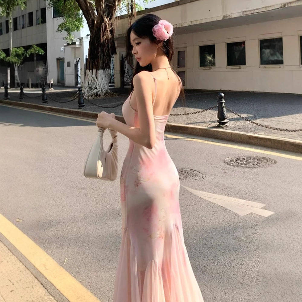 Women's pink floral mesh mermaid maxi dress in Pink