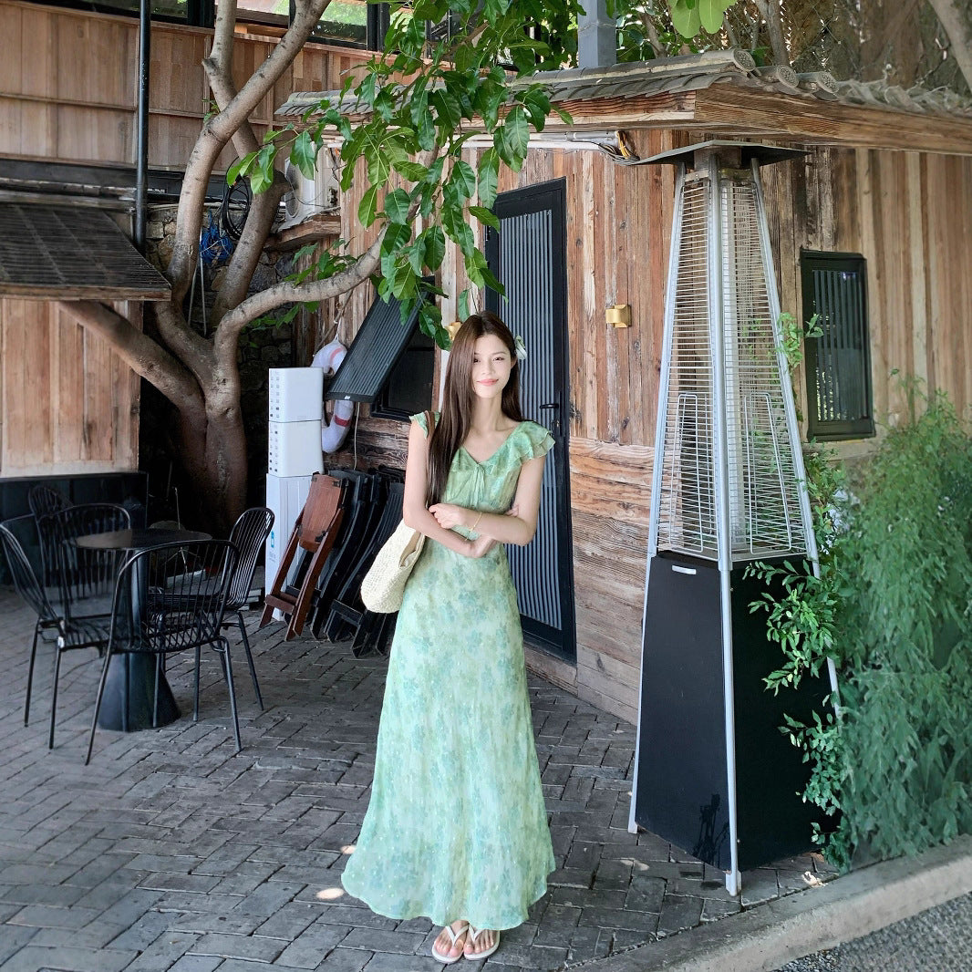 Women's green floral sleeveless maxi dress in Picture color (double layer)