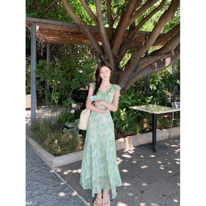 Women's green floral sleeveless maxi dress