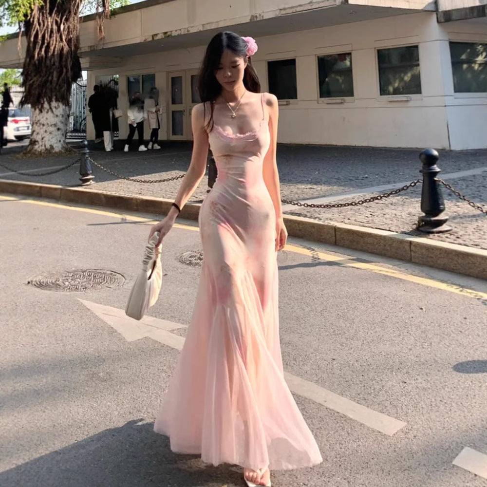 Women's pink floral mesh mermaid maxi dress in Pink